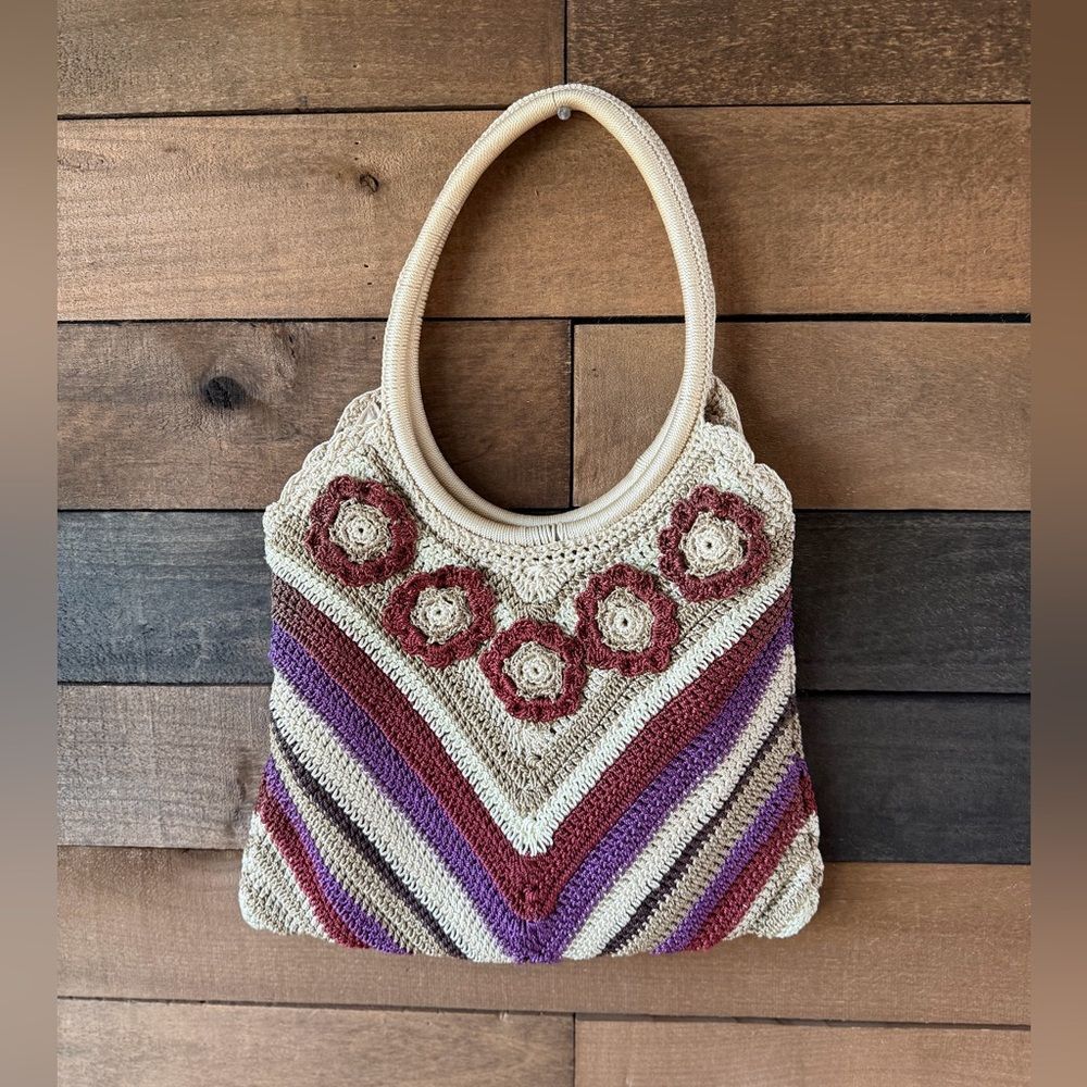 Vintage Crochet Floral Boho Shoulder Bag 70s Style Knit Purse Hippie Tote
